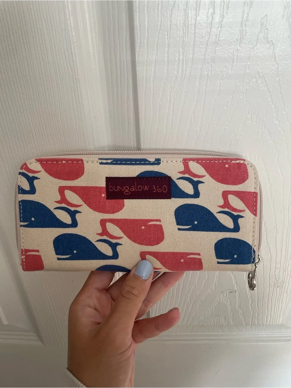bungalow 360 Canvas Zip Wallet - Blue & Coral Whale Pattern 8x4 inches